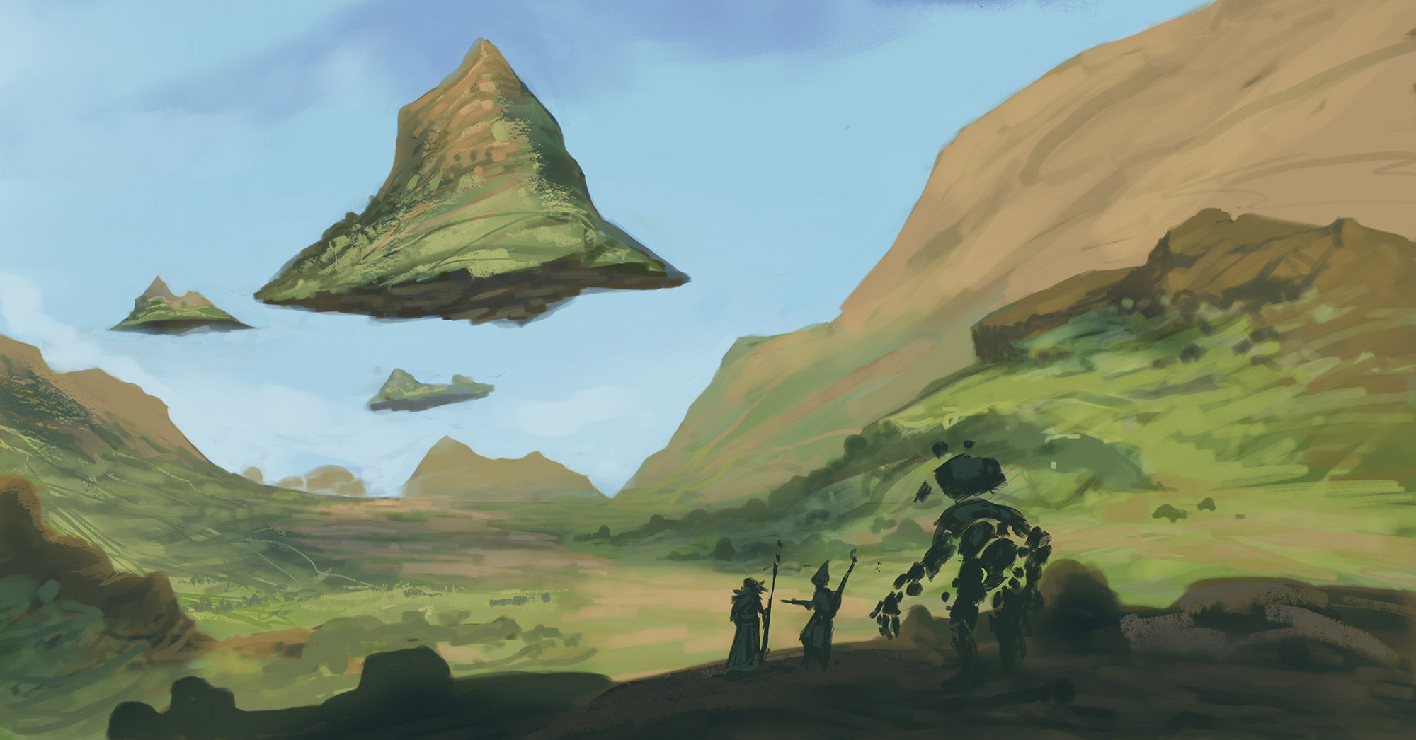 A painting depicting a mountain landscape with a man observing a flying object in the sky above.