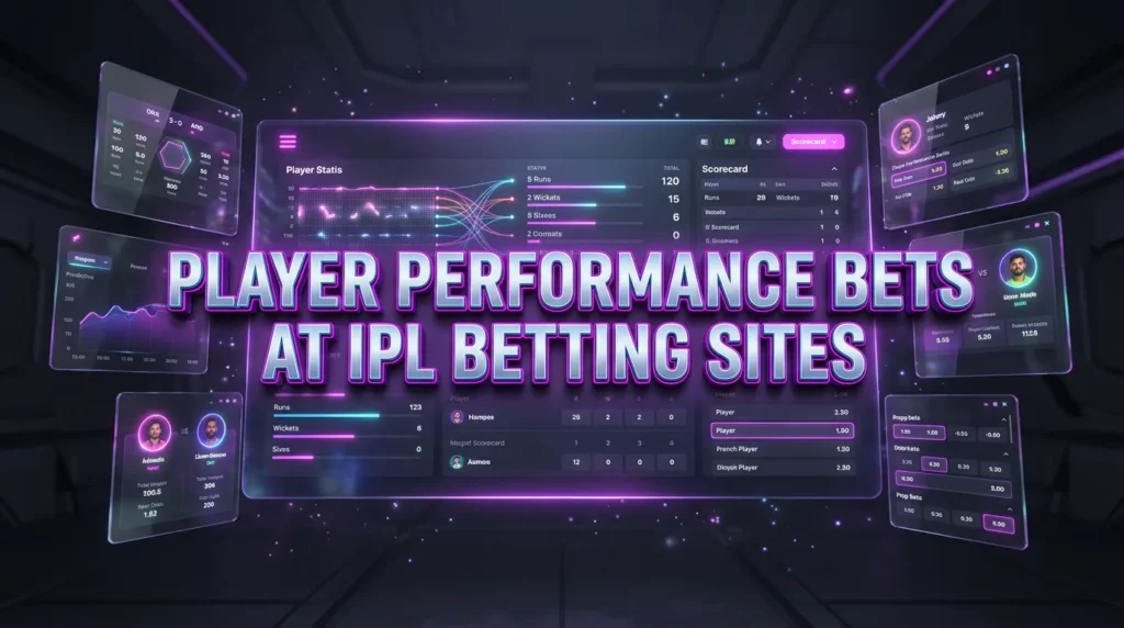 High-tech holographic interface for player performance bets at IPL Betting Sites, with modern typography and neon accents.
