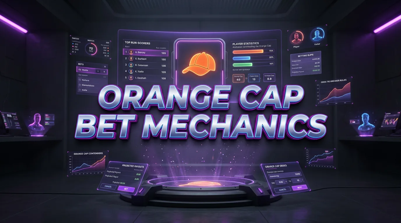 Futuristic holographic display explaining Orange Cap bet mechanics with glowing orange cap icon and data.
